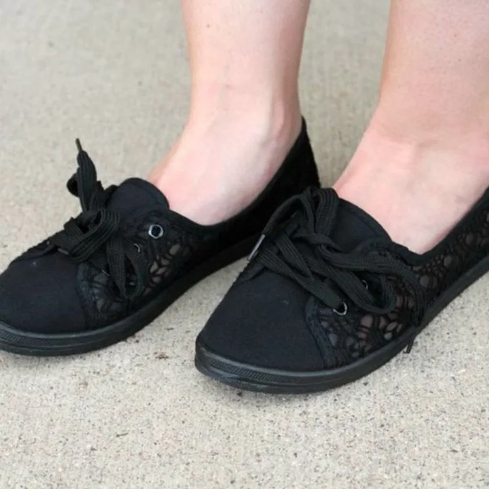 Kids Black Lace Flats Shoes Slip Ons Mommy & Me